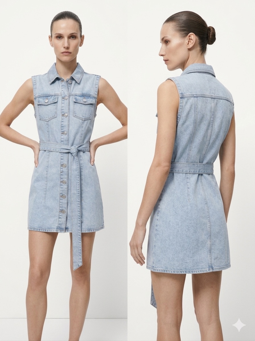 Zara Light Wash Denim Sleeveless Belted Mini Dress Size S